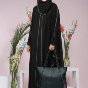black double abaya umbrella style with black stollar & matching hand bag for women | elegant modest wear – 9rangi collection