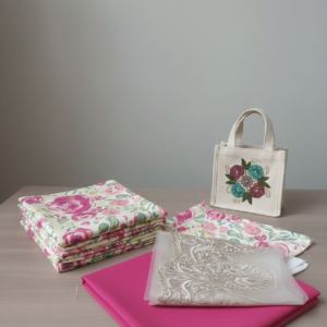 pink linen 3 piece dress with matching embroidered tote bag | elegant women combo – 9rangi collection