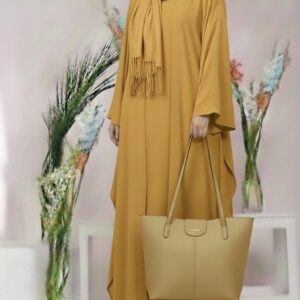 golden baggy style abaya with matching stollar & hand bag for women | elegant modest wear – 9rangi collectio