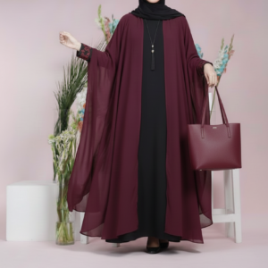 luxury maroon women abaya with matching handbag – elegant modest wear combo