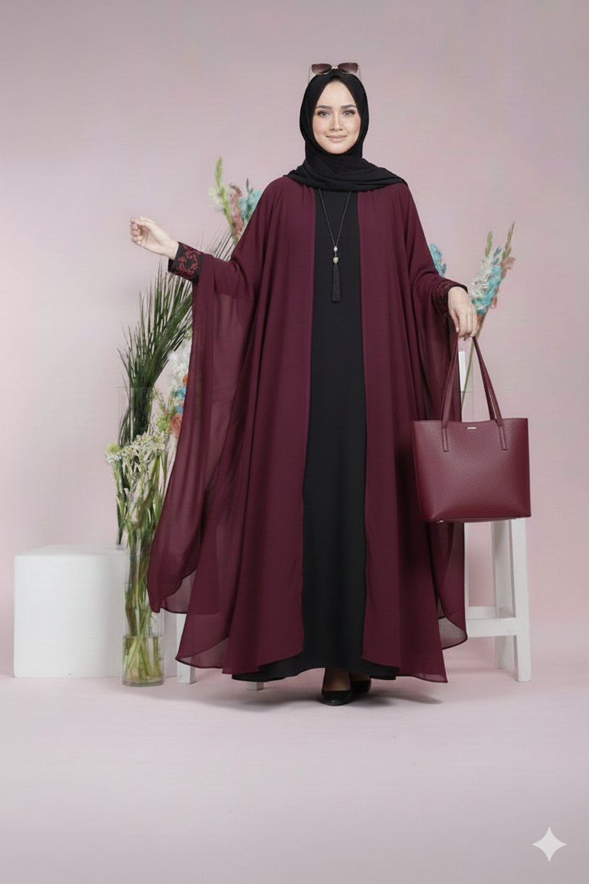 luxury maroon women abaya with matching handbag – elegant modest wear combo luxury maroon women abaya with matching handbag – elegant modest wear combo