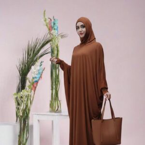 brown baggy style abaya with matching stollar & hand bag | customizable modest wear for women – 9rangi collection