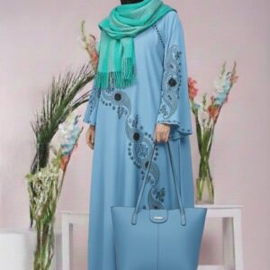 sky blue stone & embroidery work umbrella style abaya with matching stollar & premium leather bag | elegant modest wear – 9rangi collection