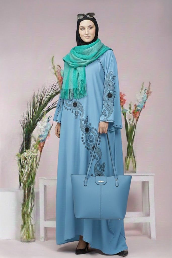 sky blue stone & embroidery work umbrella style abaya with matching stollar & premium leather bag | elegant modest wear – 9rangi collection sky blue stone & embroidery work umbrella style abaya with matching stollar & premium leather bag | elegant modest wear – 9rangi collection