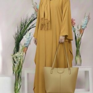 golden baggy style abaya with matching stollar & hand bag for women | elegant modest wear – 9rangi collection