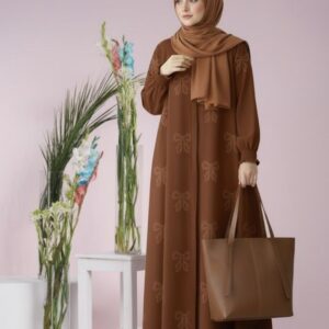 brown floral printed abaya with matching stollar & hand bag for women | elegant modest wear – 9rangi collection