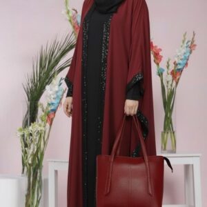 maroon & black maxi style double abaya with fancy lace, matching stollar & premium leather bag | elegant modest wear – 9rangi collection
