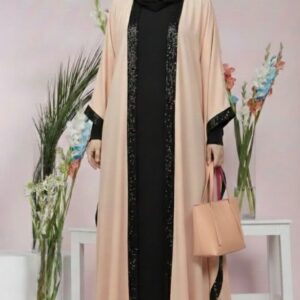 baby pink & black double abaya with fancy lace work, matching stollar & premium leather bag | luxury modest wear – 9rangi collection