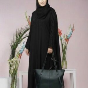 Home black umbrella abaya with open sleeves & heavy stone work, matching stollar & premium hand bag | luxury modest wear – 9rangi collection