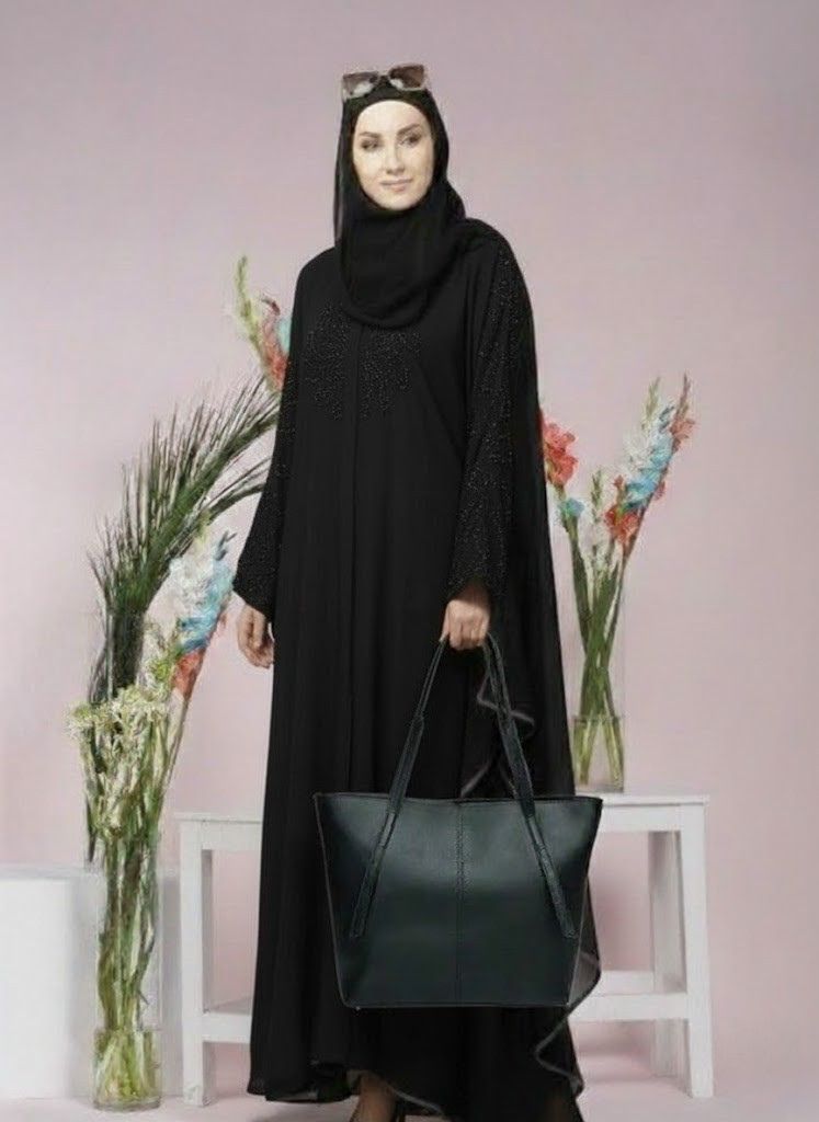 black umbrella abaya with open sleeves & heavy stone work, matching stollar & premium hand bag | luxury modest wear – 9rangi collection black umbrella abaya with open sleeves & heavy stone work, matching stollar & premium hand bag | luxury modest wear – 9rangi collection