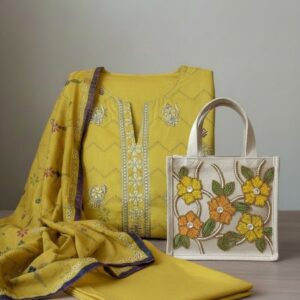 Home 3 piece premium embroidered linen suit with matching embroidered hand carry tote bag | elegant women’s wear – 9rangi collection