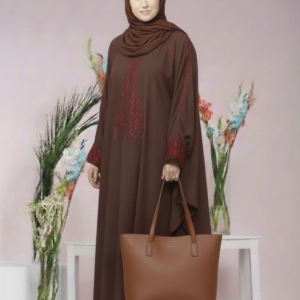 Home light brown umbrella style abaya with elegant thread work, matching stollar & hand bag | graceful modest wear – 9rangi collection