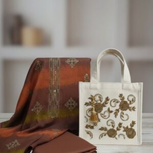 Home brown linen 3 piece dress with matching embroidered tote hand bag | elegant women combo – 9rangi collection