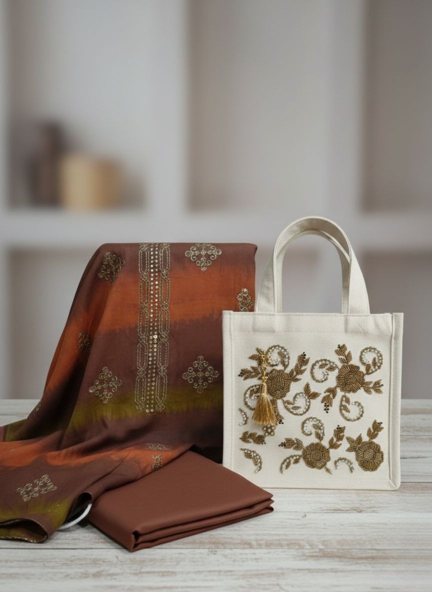 brown linen 3 piece dress with matching embroidered tote hand bag | elegant women combo – 9rangi collection brown linen 3 piece dress with matching embroidered tote hand bag | elegant women combo – 9rangi collection