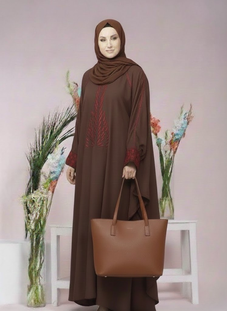 light brown umbrella style abaya with elegant thread work, matching stollar & hand bag | graceful modest wear – 9rangi collection light brown umbrella style abaya with elegant thread work, matching stollar & hand bag | graceful modest wear – 9rangi collection