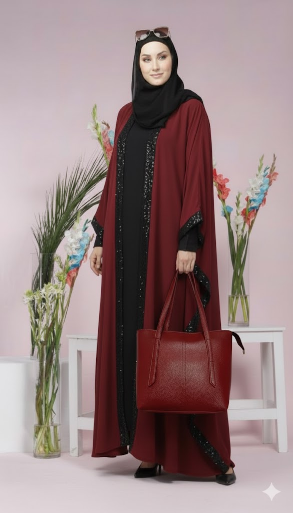 luxury maroon women abaya with matching handbag – elegant modest wear combo luxury maroon women abaya with matching handbag – elegant modest wear combo