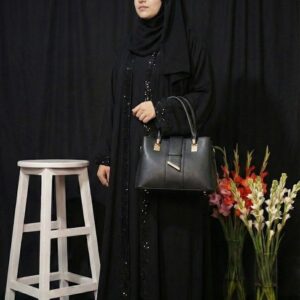 black embroidered abaya with embellished sleeves & neckline – luxury modest wear for women | buy abaya online in pakistan