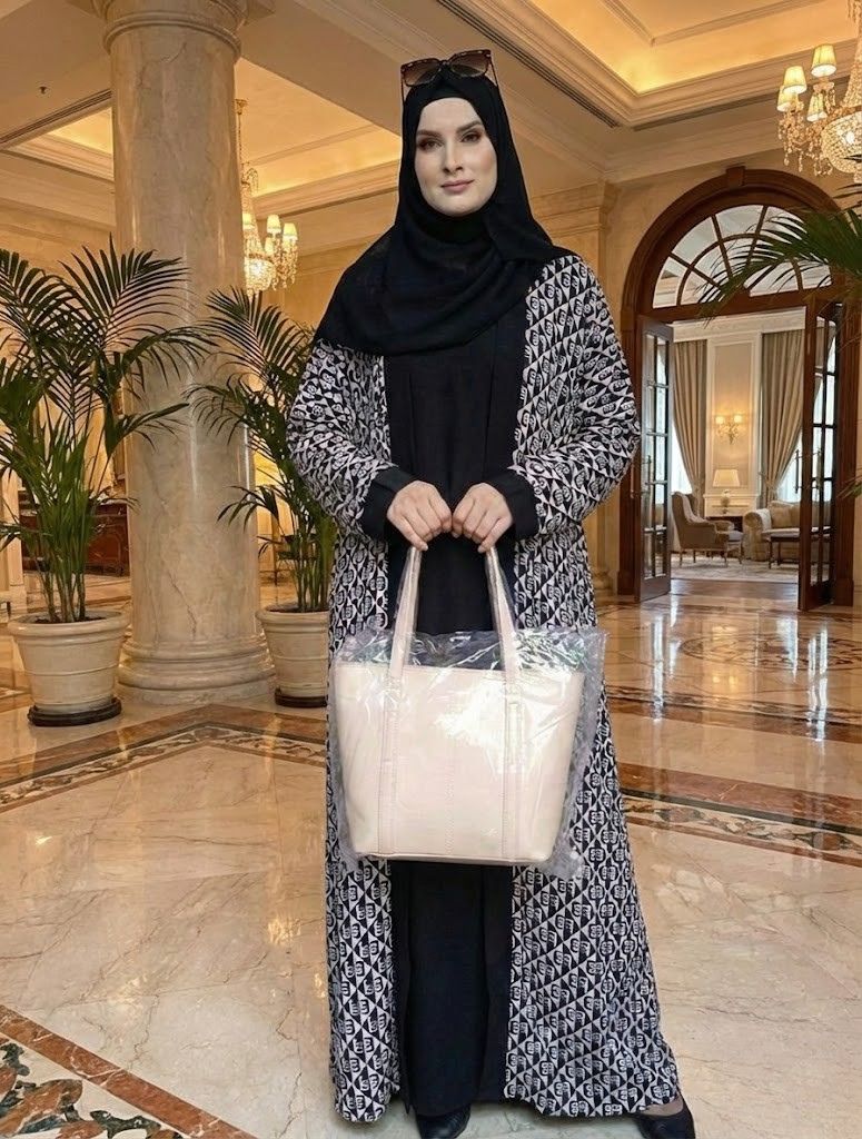 Black Printed Double Abaya with Inner Black Dress & Off-White Matching Handbag – Designer Modest Wear | Buy Abaya Online in Pakistan