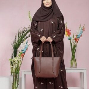 brown embroidered umbrella cut abaya with matching handbag – elegant modest wear for women | buy abaya online in pakistan