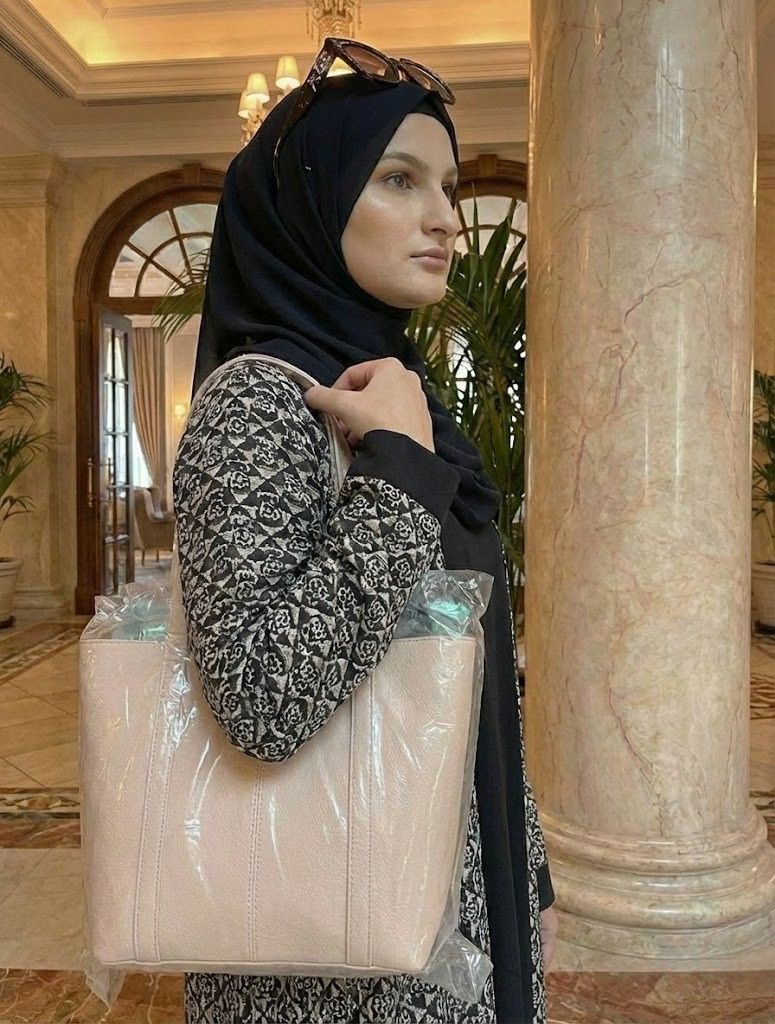 Black Printed Double Abaya with Inner Black Dress & Off-White Matching Handbag – Designer Modest Wear | Buy Abaya Online in Pakistan - Image 4