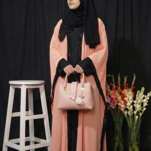 pink & black double abaya with corner embroidery and matching premium leather handbag – luxury modest wear | buy abaya online in pakistan