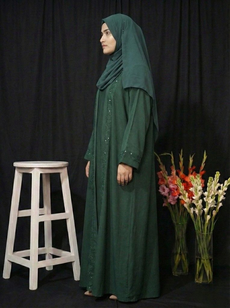 bottle green double stitched embroidered abaya – elegant luxury modest wear for women | buy abaya online in pakista bottle green double stitched embroidered abaya – elegant luxury modest wear for women | buy abaya online in pakista