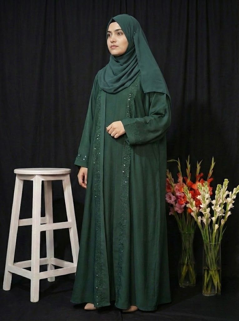 bottle green double stitched embroidered abaya – elegant luxury modest wear for women | buy abaya online in pakista bottle green double stitched embroidered abaya – elegant luxury modest wear for women | buy abaya online in pakista