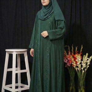 bottle green double stitched embroidered abaya – elegant luxury modest wear for women | buy abaya online in pakista