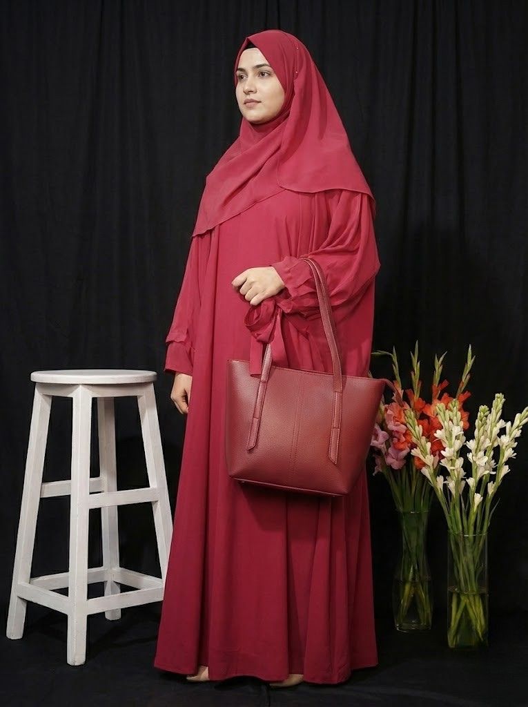 deep red double tie abaya with premium matching handbag – luxury modest wear for women | buy abaya online in pakistan deep red double tie abaya with premium matching handbag – luxury modest wear for women | buy abaya online in pakistan