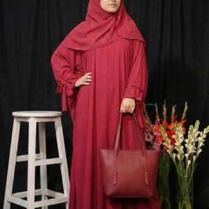 deep red double tie abaya with premium matching handbag – luxury modest wear for women | buy abaya online in pakistan